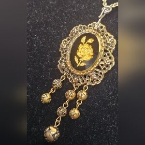 Vintage Victorian Revival Gold-Tone Rose Cameo Brooch & Pendant with Dangle Tass